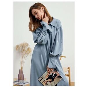 NAP LOUNGEWEAR‎ Drape shirt DRESS robe Size Small Satin Puff Sleeve Frost Blue